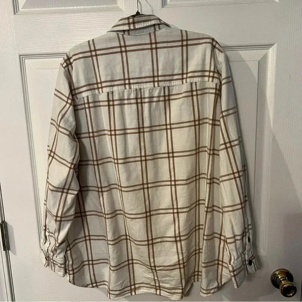 J Crew Shacket Cream and Brown Plaid Flannel with Pockets! Womens Size 2XL EUC - Picture 5 of 7